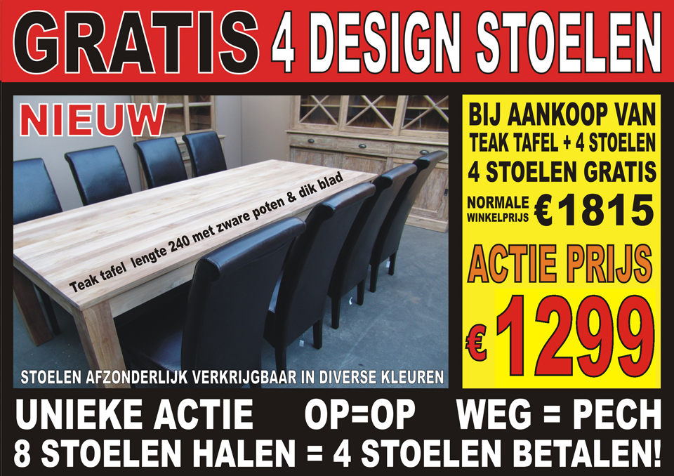 Teak tafel promotie! Tafel + 8 stoelen voor slechts €1299, dat zijn 4 stoelen GRATIS!